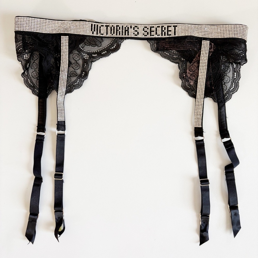 Victoria's Secret Womens Rhinestone Shine Strap Lace Sexy Garter Belt XS/S Black